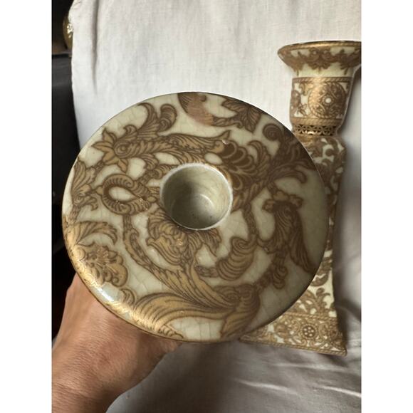 Vintage Chinese set Pair Hand Painted Candle Holders Candlestick gold bowl Asian - Picture 16 of 16